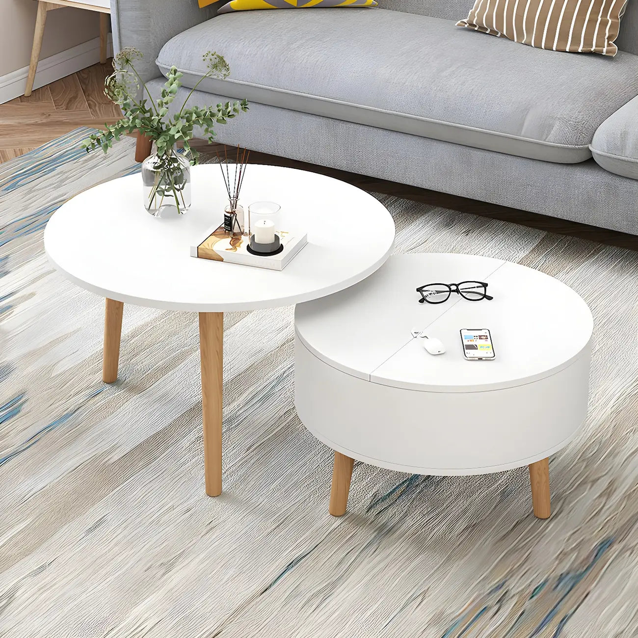 Table basse ronde moderne en bois noir et blanc avec rangement