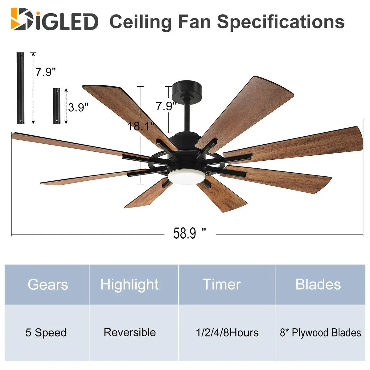 Ventilateur de plafond télécommandé avec lumières, grandes 8 pales en bois