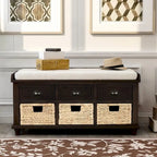 Banc de rangement rustique avec 3 tiroirs et 3 paniers en rotin, banc à chaussures pour salon, entrée