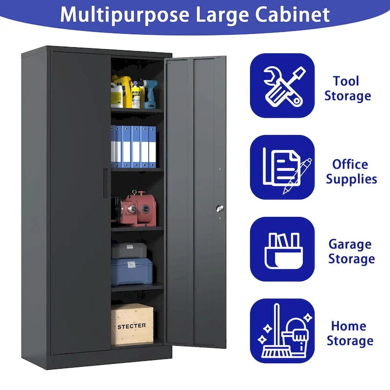 Armoire de rangement de garage en métal 72H, armoire de rangement noire en acier avec portes et 4 étagères