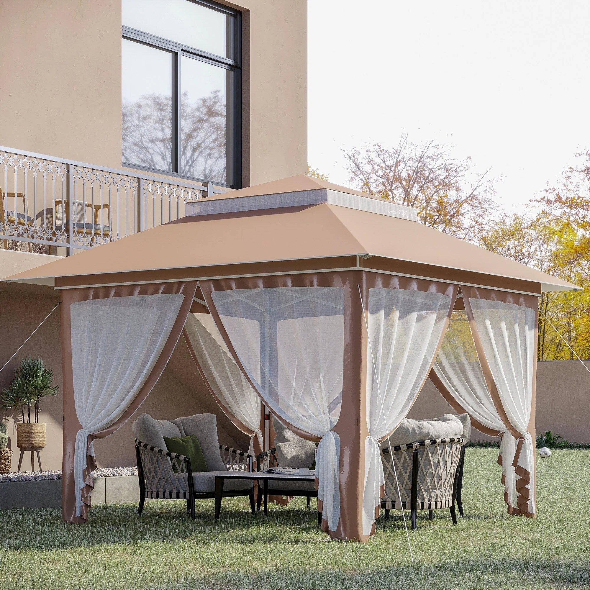 Outsunny 12 x 12 Tonnelle escamotable Pare-soleil Tente instantanée pliable avec filet latéral en maille, Hauteur réglable sur 3 niveaux