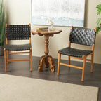 Chaises de salle à manger tressées faites à la main en cuir avec cadre en bois de teck - Lot de 2 Marron, Blanc ou Noir - Roche River Decor