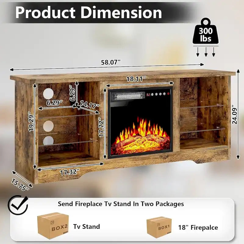 Meuble TV cheminée Bossin 58" avec foyer électrique 18", centre de divertissement moderne pour téléviseurs 65", console TV