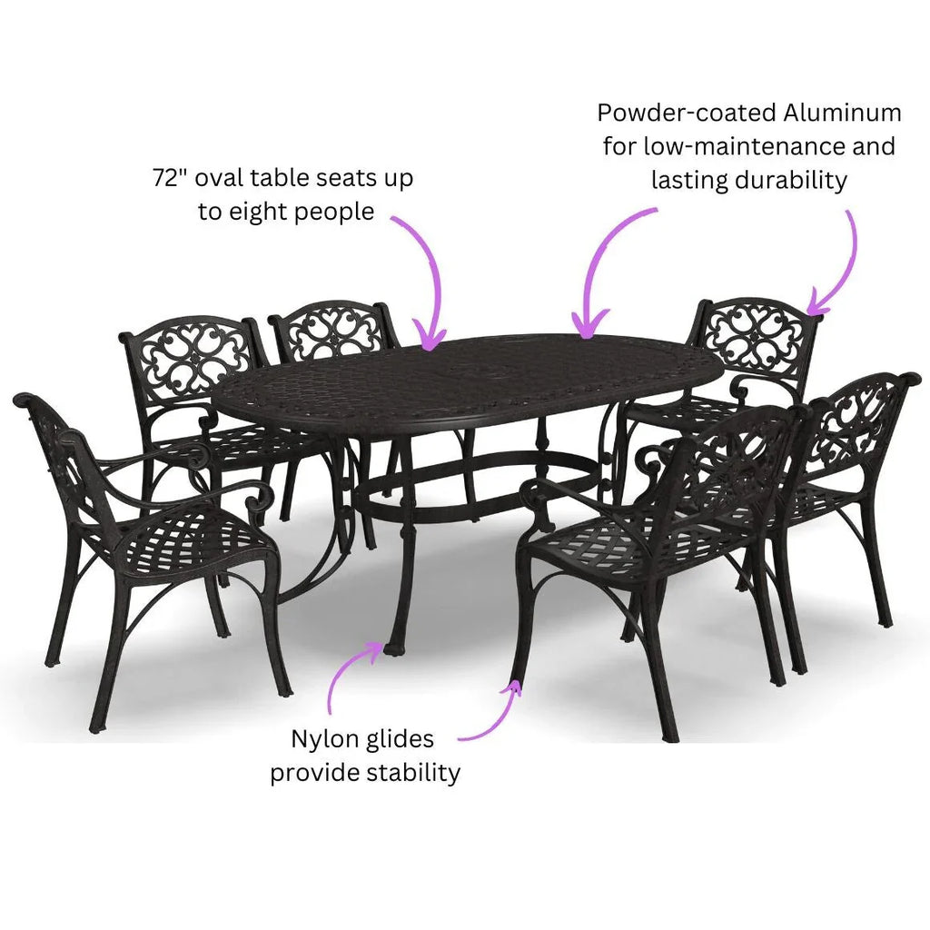 Ensemble de salle à manger d'extérieur 7 pièces en aluminium bronze Sanibel avec table à manger ovale de 72 et six fauteuils par Homestyles