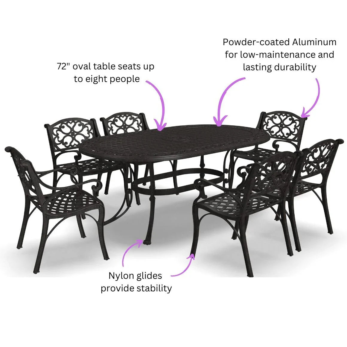 Ensemble de salle à manger d'extérieur 7 pièces en aluminium bronze Sanibel avec table à manger ovale de 72 et six fauteuils par Homestyles