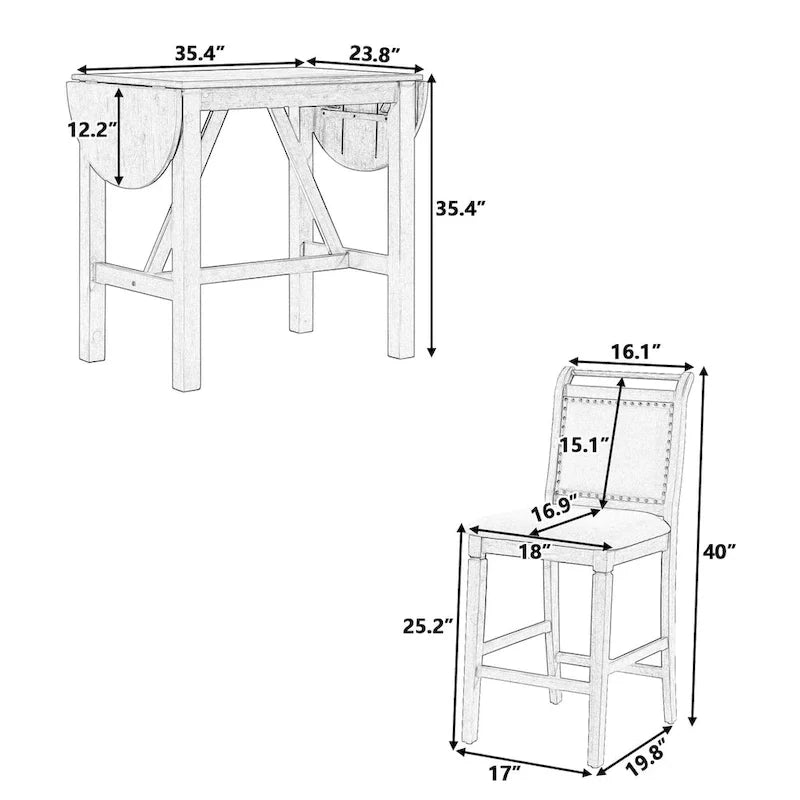 Ensemble de salle à manger 3 pièces en bois à hauteur de comptoir avec rallonge pliable
