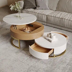 Table basse ronde blanche avec rangement, plateau relevable en bois, avec tiroirs rotatifs blanc naturel