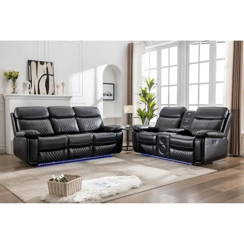 Canapé inclinable électrique avec chargeur sans fil, liseuse, lumière LED pour salon, similicuir, port AC/USB, porte-gobelet, noir