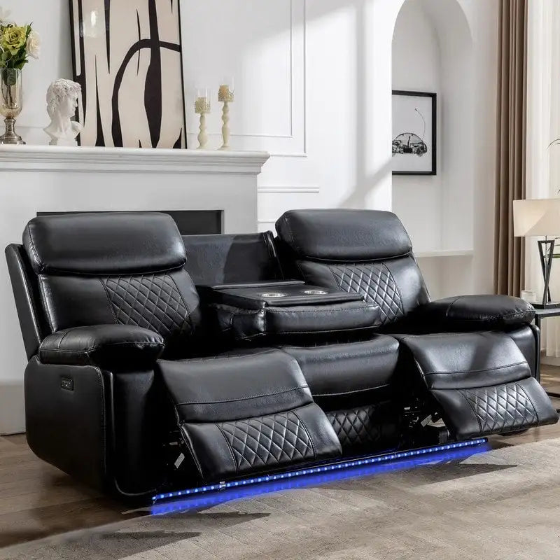 Canapé inclinable électrique avec chargeur sans fil, liseuse, lumière LED pour salon, similicuir, port AC/USB, porte-gobelet, noir