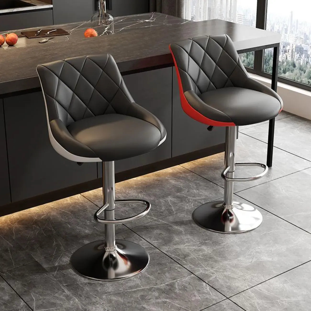 Tabouret de bar pivotant, capitonné en losanges, réglable, cuir PU noir et rouge