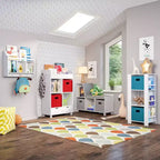 Tour de rangement pour livres et jouets RiverRidge Kids avec 3 casiers et 6 étagères à livres, blanc avec 2 bacs en tissu