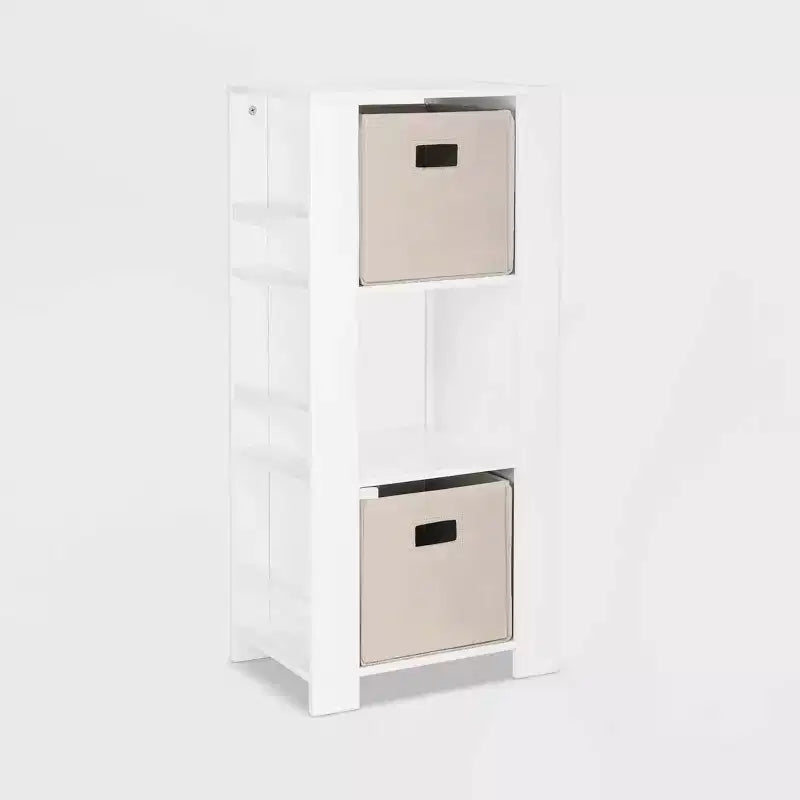 Tour de rangement pour livres et jouets RiverRidge Kids avec 3 casiers et 6 étagères à livres, blanc avec 2 bacs en tissu