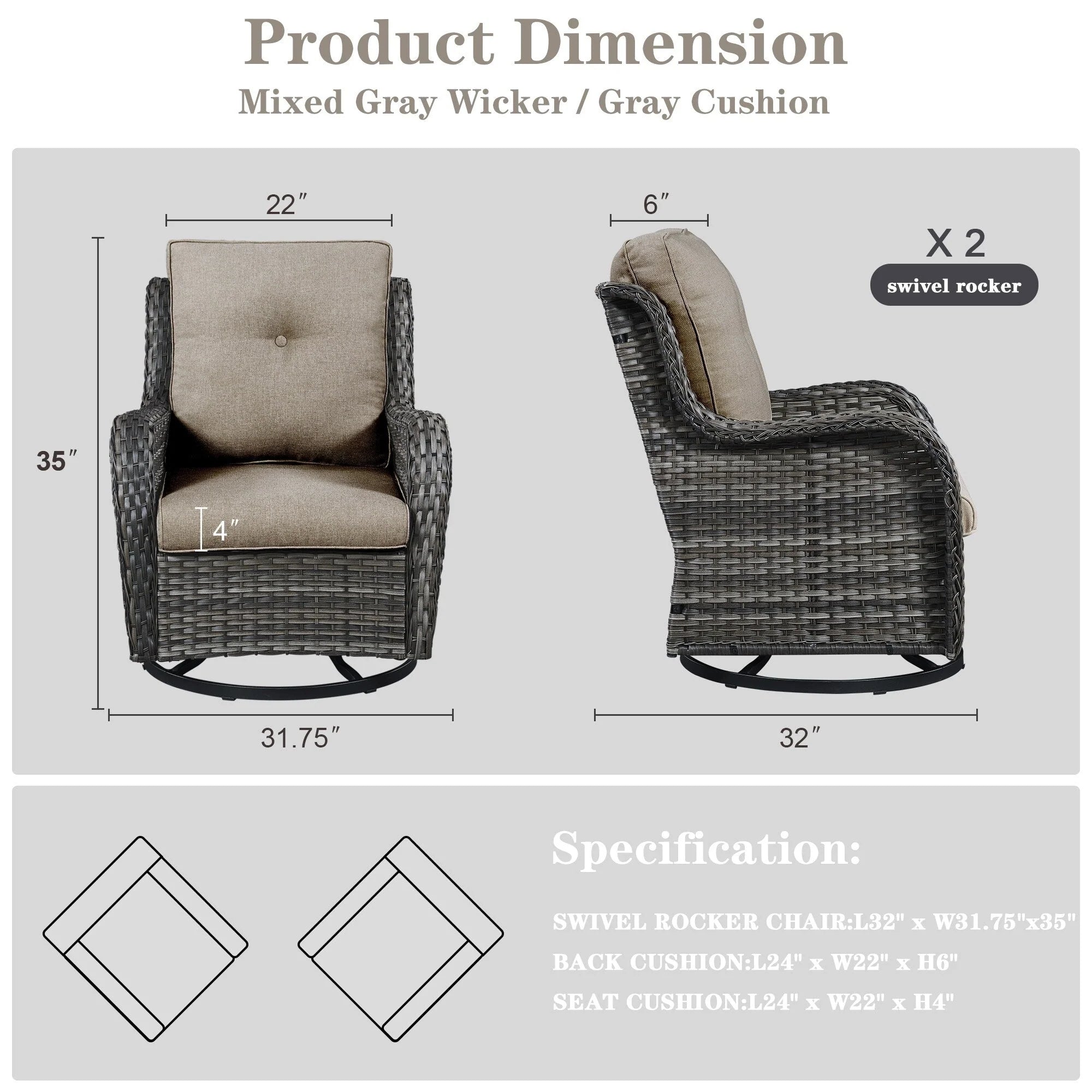 Chaises longues à bascule d'extérieur en osier Gymojoy avec base pivotante (lot de 2)