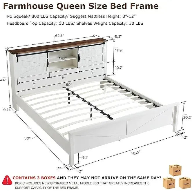 Lit queen size de style campagnard avec étagères de rangement et station de charge