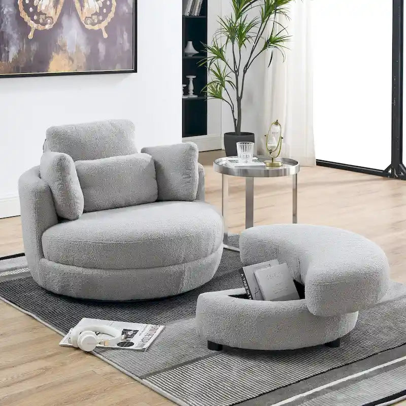 Fauteuil crapaud pivotant surdimensionné avec pouf de rangement lune