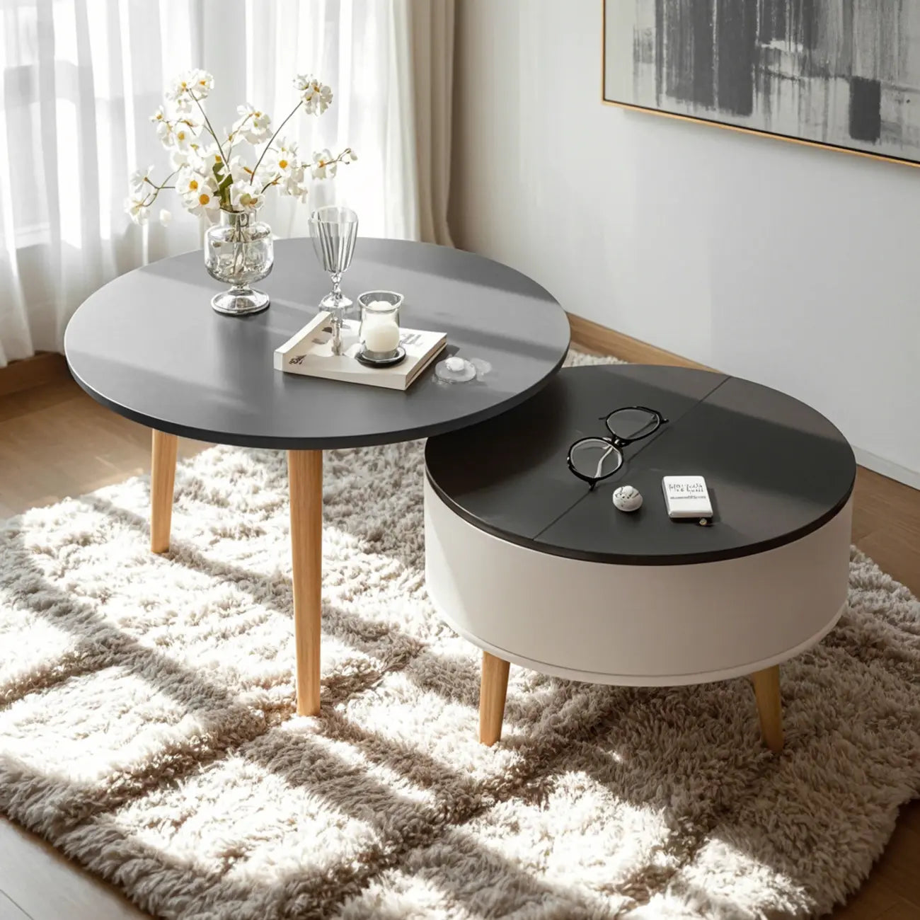 Table basse ronde moderne en bois noir et blanc avec rangement