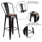 Tabouret de bar Emma et Oliver 30H en métal avec dossier et assise carrée en bois