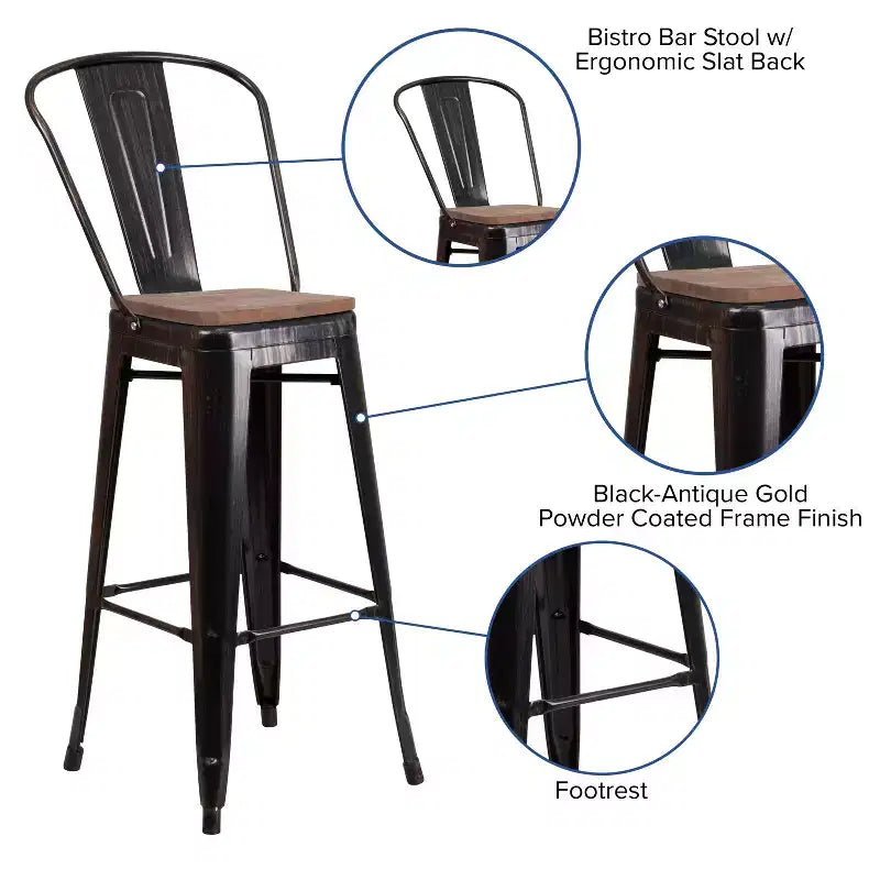 Tabouret de bar Emma et Oliver 30H en métal avec dossier et assise carrée en bois