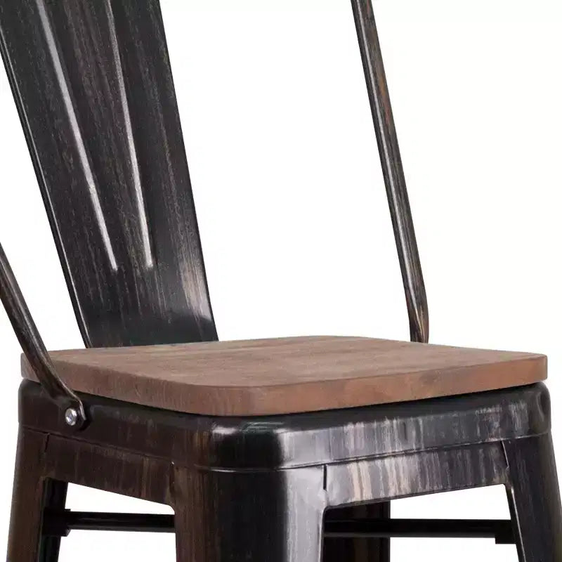 Tabouret de bar Emma et Oliver 30H en métal avec dossier et assise carrée en bois