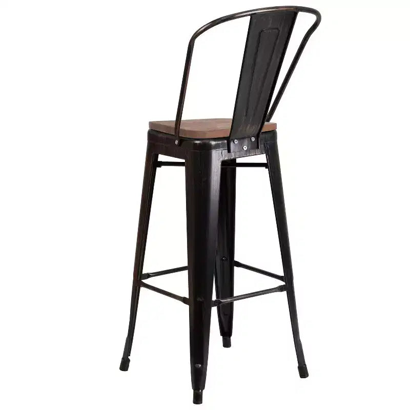 Tabouret de bar Emma et Oliver 30H en métal avec dossier et assise carrée en bois