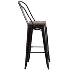 Tabouret de bar Emma et Oliver 30H en métal avec dossier et assise carrée en bois
