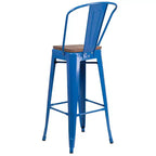 Tabouret de bar Emma et Oliver 30H en métal avec dossier et assise carrée en bois