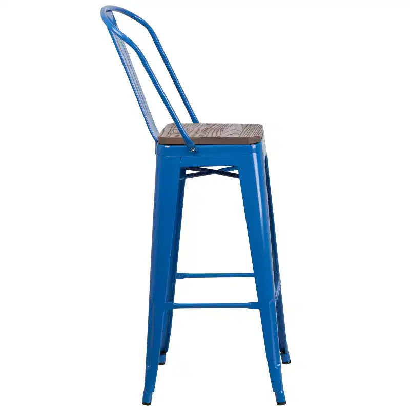 Tabouret de bar Emma et Oliver 30H en métal avec dossier et assise carrée en bois