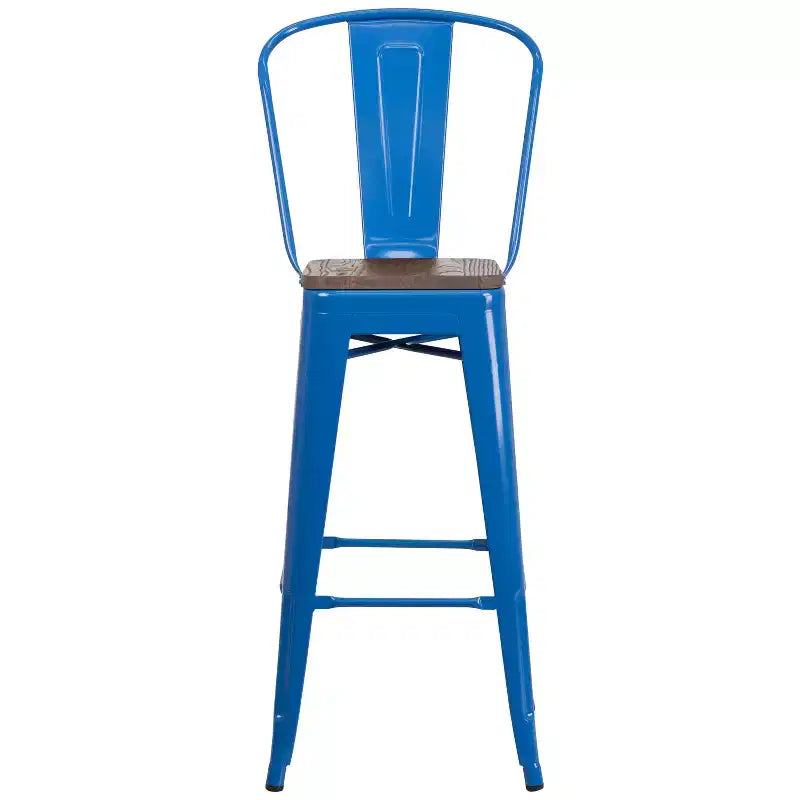 Tabouret de bar Emma et Oliver 30H en métal avec dossier et assise carrée en bois