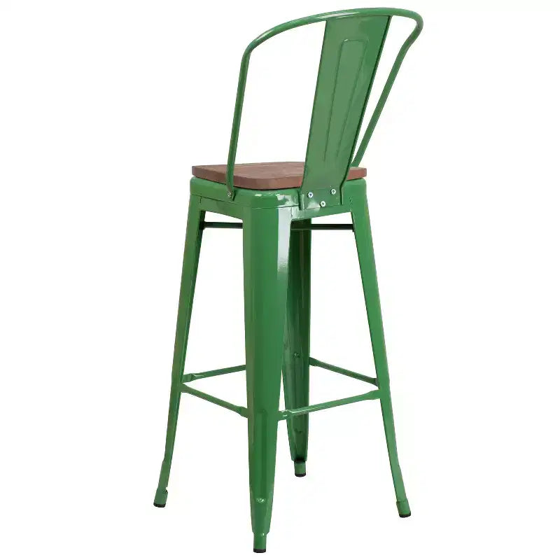 Tabouret de bar Emma et Oliver 30H en métal avec dossier et assise carrée en bois