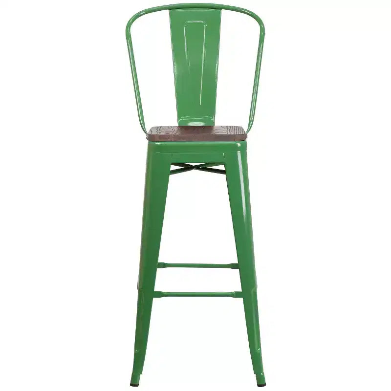 Tabouret de bar Emma et Oliver 30H en métal avec dossier et assise carrée en bois