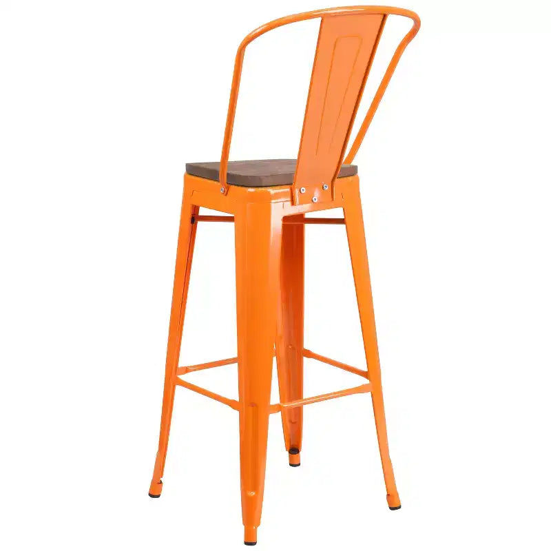 Tabouret de bar Emma et Oliver 30H en métal avec dossier et assise carrée en bois