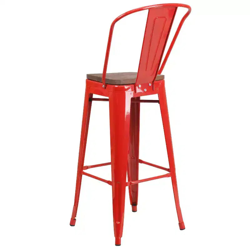 Tabouret de bar Emma et Oliver 30H en métal avec dossier et assise carrée en bois