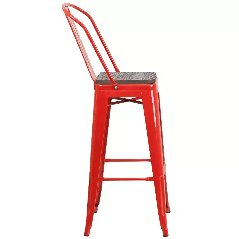 Tabouret de bar Emma et Oliver 30H en métal avec dossier et assise carrée en bois