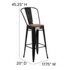 Tabouret de bar Emma et Oliver 30H en métal avec dossier et assise carrée en bois