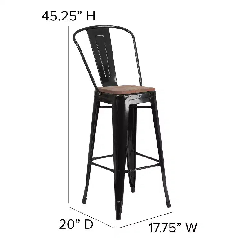 Tabouret de bar Emma et Oliver 30H en métal avec dossier et assise carrée en bois