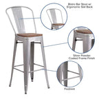 Tabouret de bar Emma et Oliver 30H en métal avec dossier et assise carrée en bois