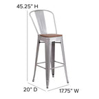 Tabouret de bar Emma et Oliver 30H en métal avec dossier et assise carrée en bois