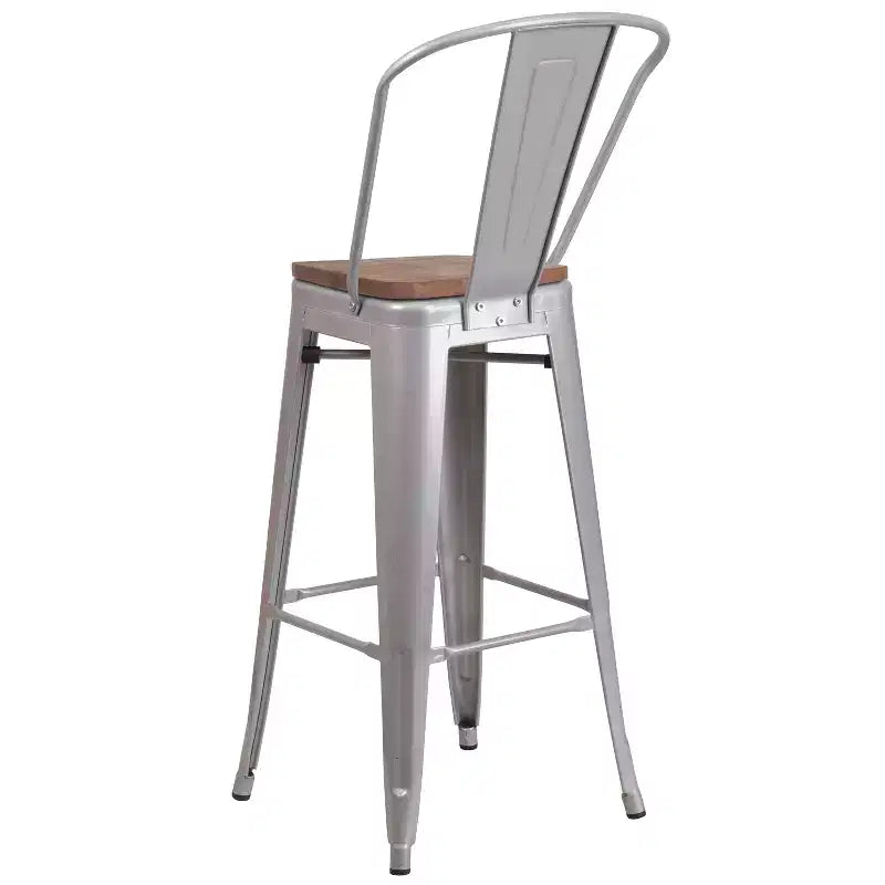 Tabouret de bar Emma et Oliver 30H en métal avec dossier et assise carrée en bois