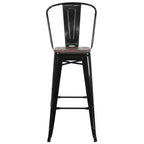 Tabouret de bar Emma et Oliver 30H en métal avec dossier et assise carrée en bois