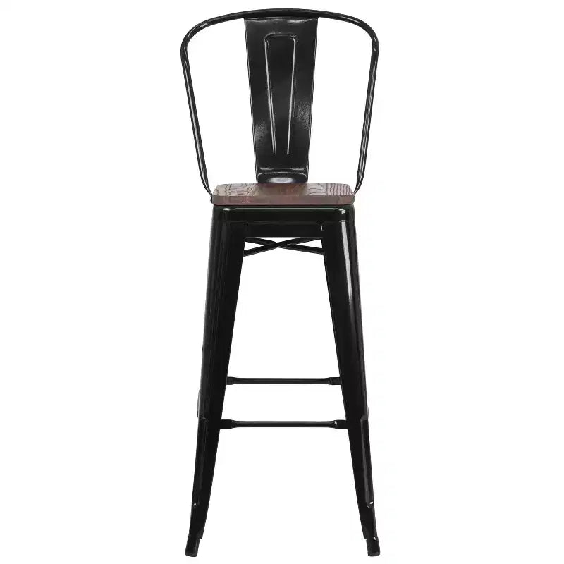 Tabouret de bar Emma et Oliver 30H en métal avec dossier et assise carrée en bois
