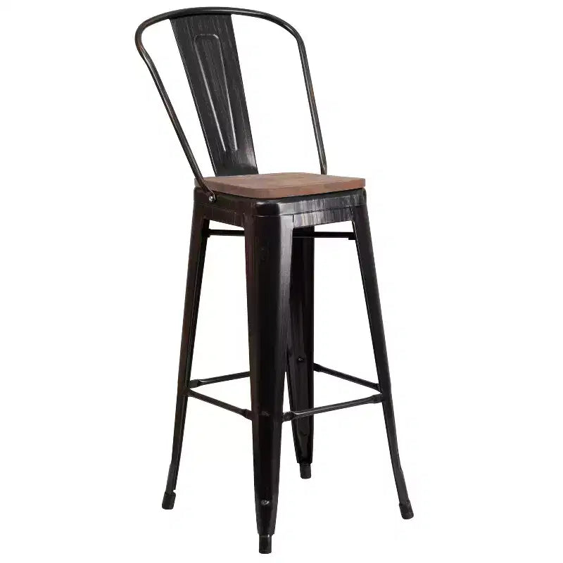 Tabouret de bar Emma et Oliver 30H en métal avec dossier et assise carrée en bois