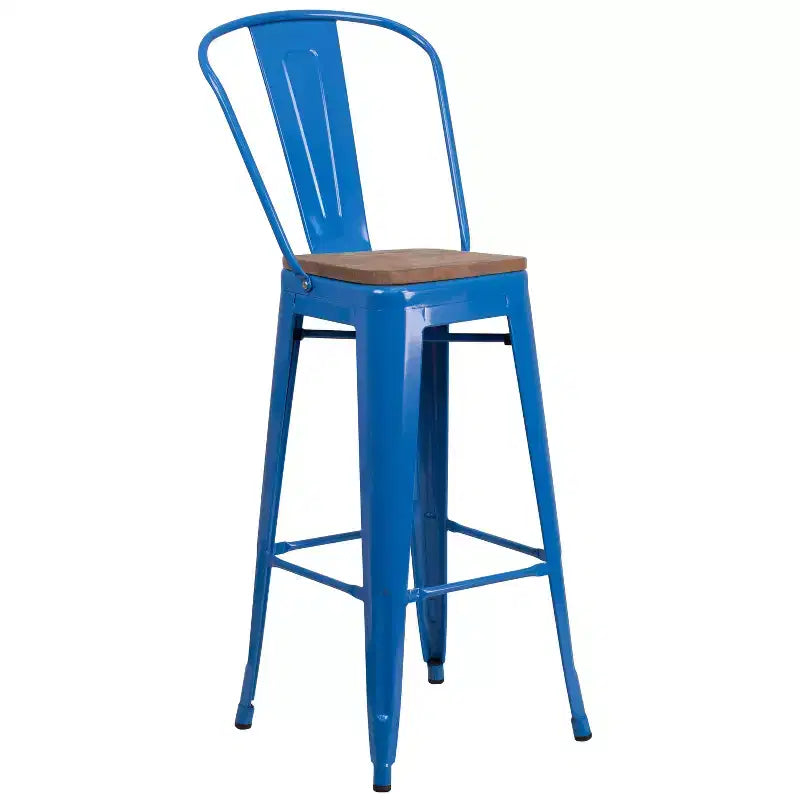 Tabouret de bar Emma et Oliver 30H en métal avec dossier et assise carrée en bois