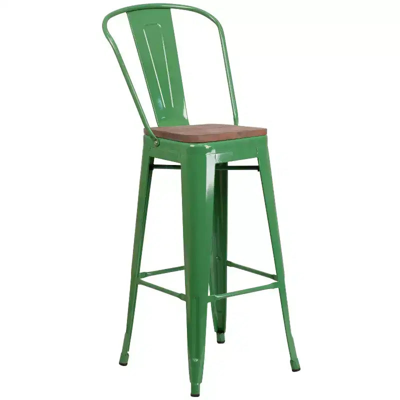 Tabouret de bar Emma et Oliver 30H en métal avec dossier et assise carrée en bois