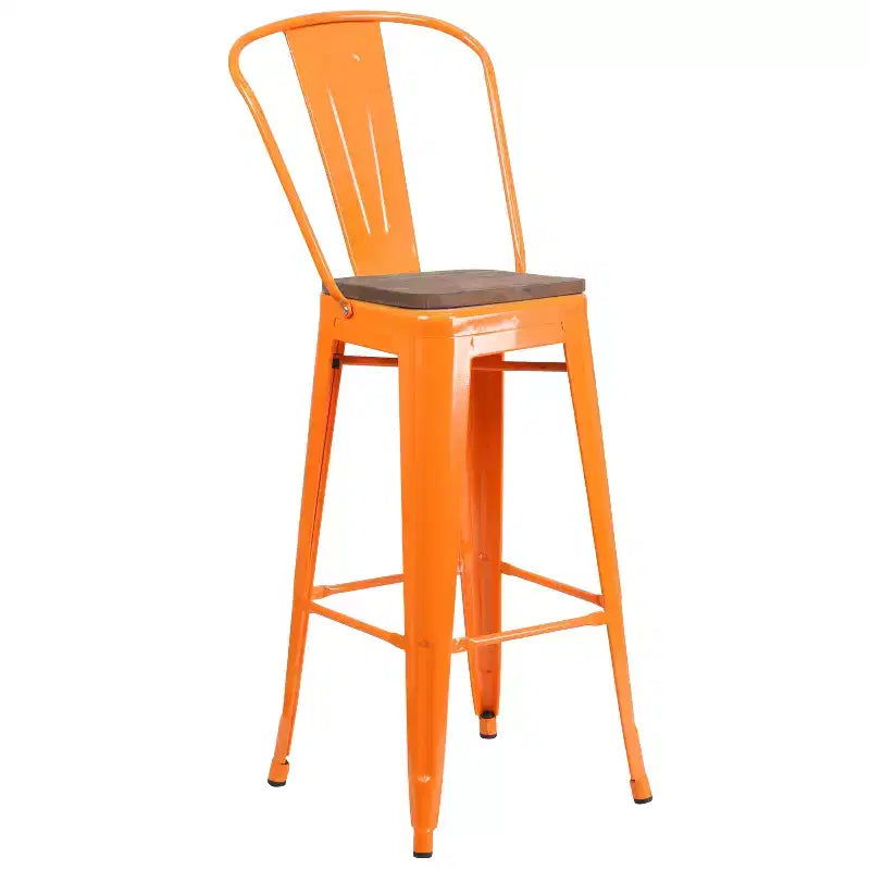 Tabouret de bar Emma et Oliver 30H en métal avec dossier et assise carrée en bois