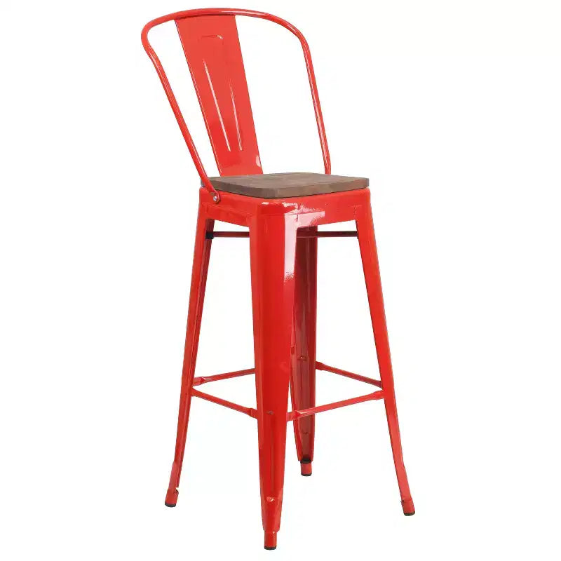 Tabouret de bar Emma et Oliver 30H en métal avec dossier et assise carrée en bois