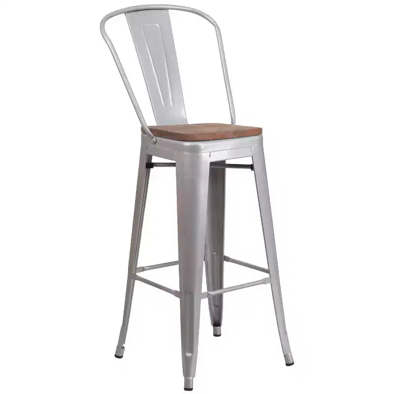 Tabouret de bar Emma et Oliver 30H en métal avec dossier et assise carrée en bois