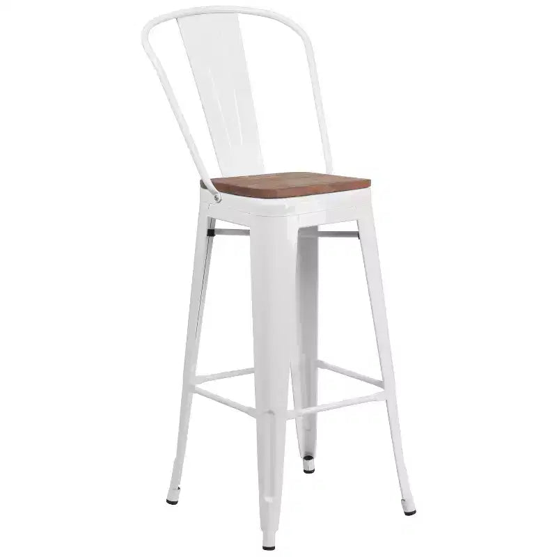 Tabouret de bar Emma et Oliver 30H en métal avec dossier et assise carrée en bois
