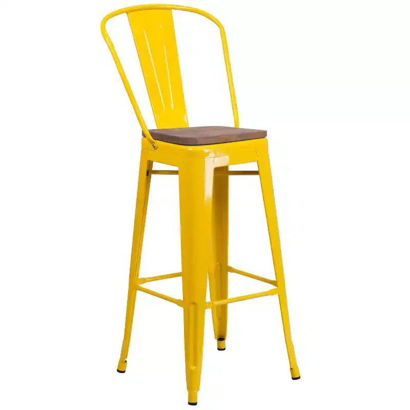 Tabouret de bar Emma et Oliver 30H en métal avec dossier et assise carrée en bois