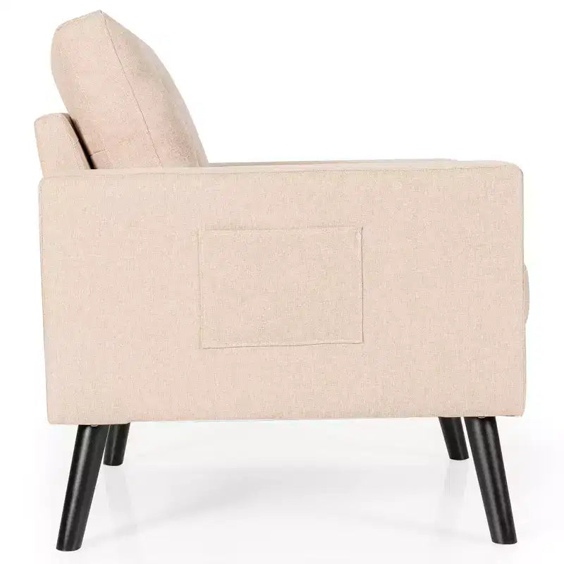 Costway Fauteuil d'appoint capitonné moderne en tissu, canapé simple avec pieds en bois d'hévéa Bleu/Beige/Gris