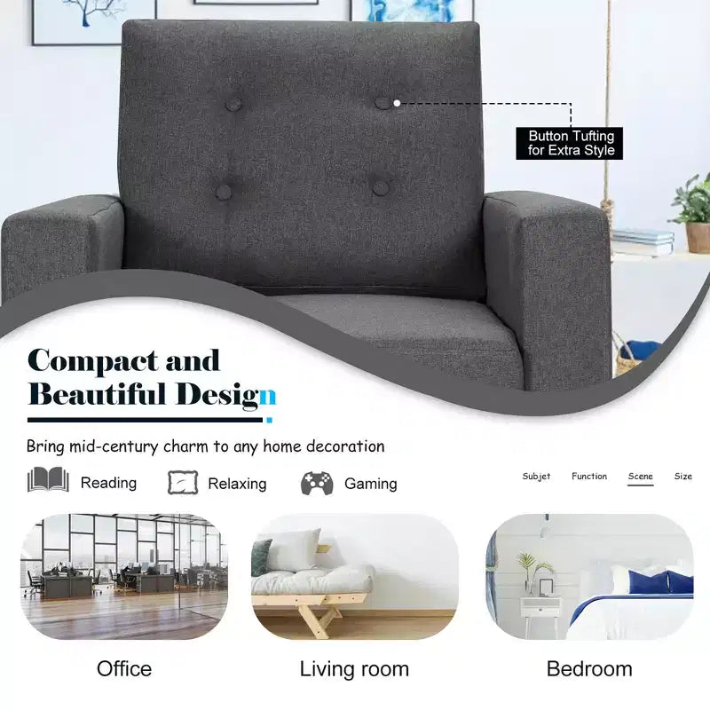 Costway Fauteuil d'appoint capitonné moderne en tissu, canapé simple avec pieds en bois d'hévéa Bleu/Beige/Gris